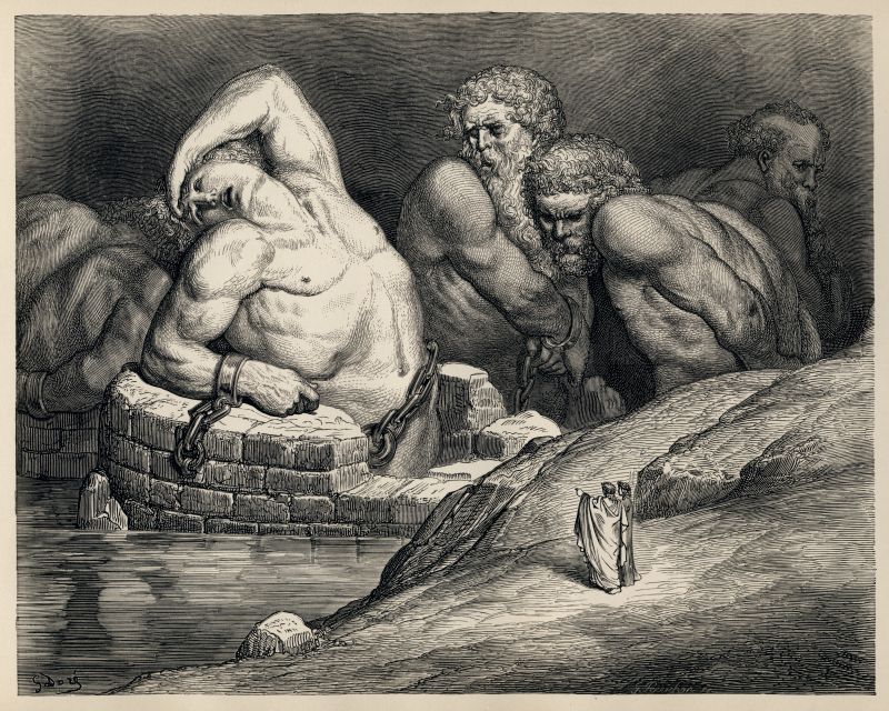 Illustration of a group of large mythical figures, chained to rock and looking on mortals below.