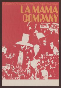 colour poster, screen print, in the style of a negative, red ink on white paper with orange text Australia's only permamnent experimental performing ensemble La Mama Company, image of collaged groups of people performing