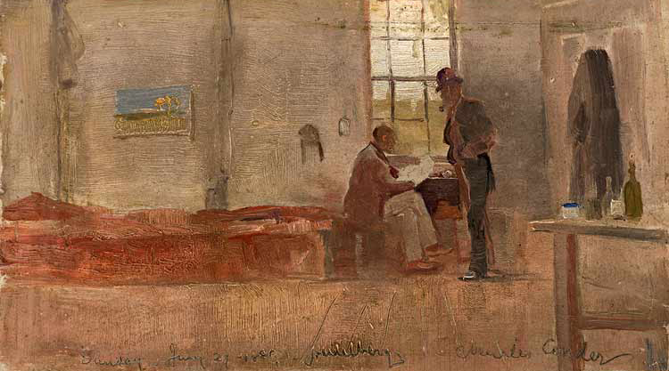Charles Conder, Impressionists’ Camp,1889, oil on paper on cardboard, 9x5 inches. National Gallery of Australia, Canberra. Gift of Mr and Mrs Fred Williams and family.