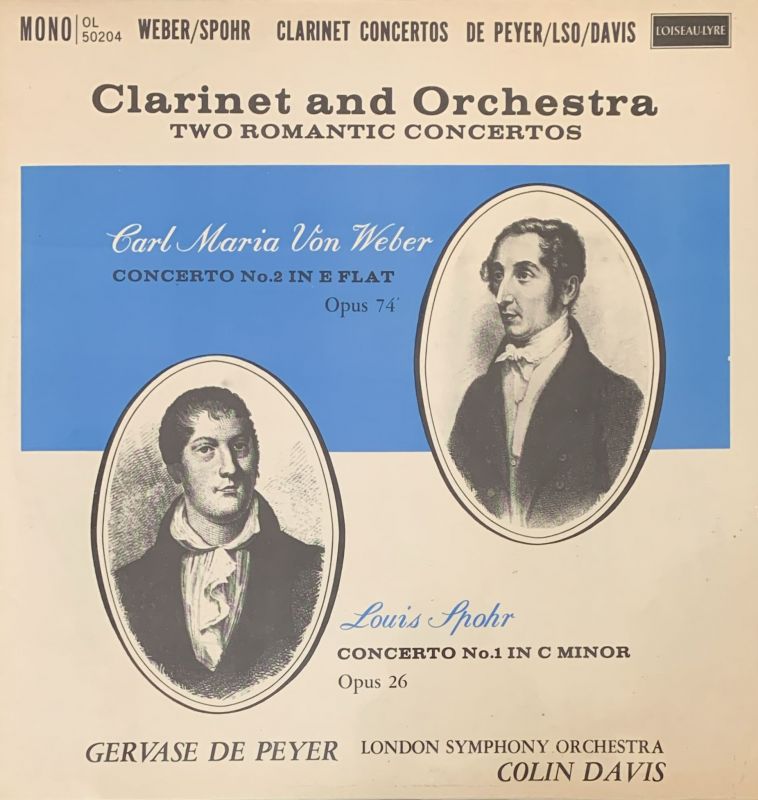 Cover of the l'Oiseau-Lyre LP recording of Gervase de Peyer playing clarinet concertos. Portraits of the composers Weber and Spohr are set against a blue background