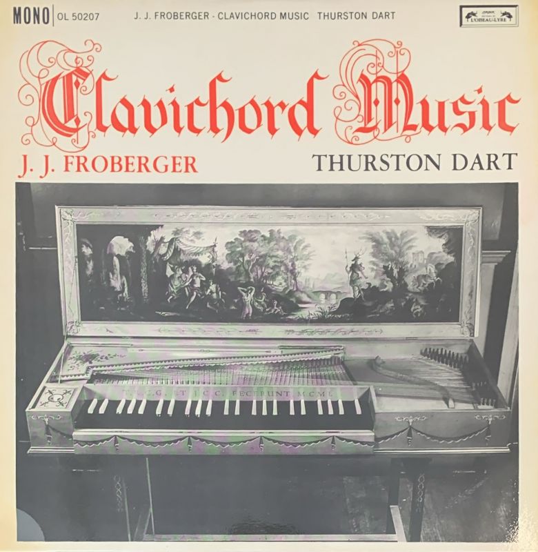 Cover of the l'Oiseau-Lyre LP Clavichord Music. The title appears in a gothic font above an image of a Goff harpsichord