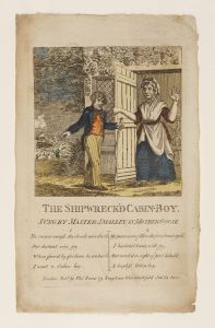 Hand coloured etching of young man entering an open doorway that a woman is exiting, in period dress.