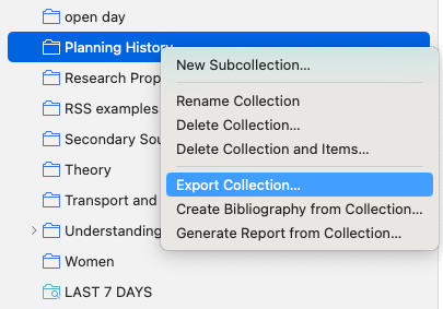 Export collection menu