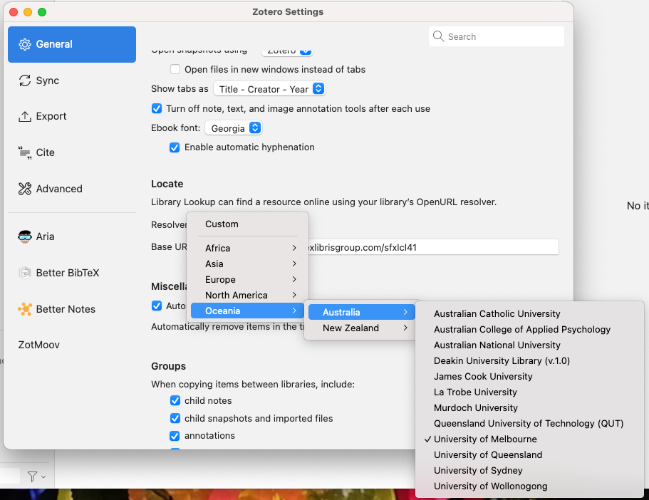 screenshot of how to find the University of Melbourne resolver in Zotero. Open the pulldown menu, select Oceania, then Australia then University of Melbourne