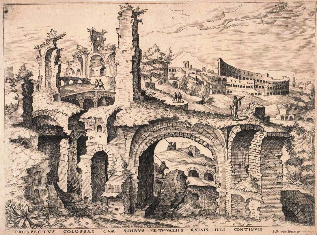 View of the Colosseum with nearby buildings and various ruins.