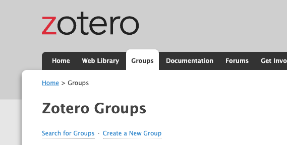 screenshot of the Zotero webpage with the tab for groups displaying the option to create a new group