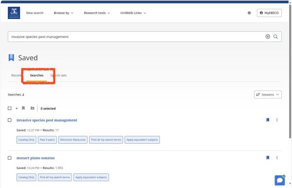 Click the Searches tab to view a list of your saved searches.