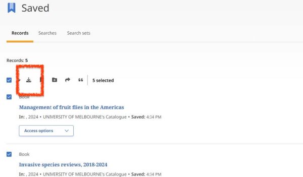 Select relevant saved records and click the Download icon.