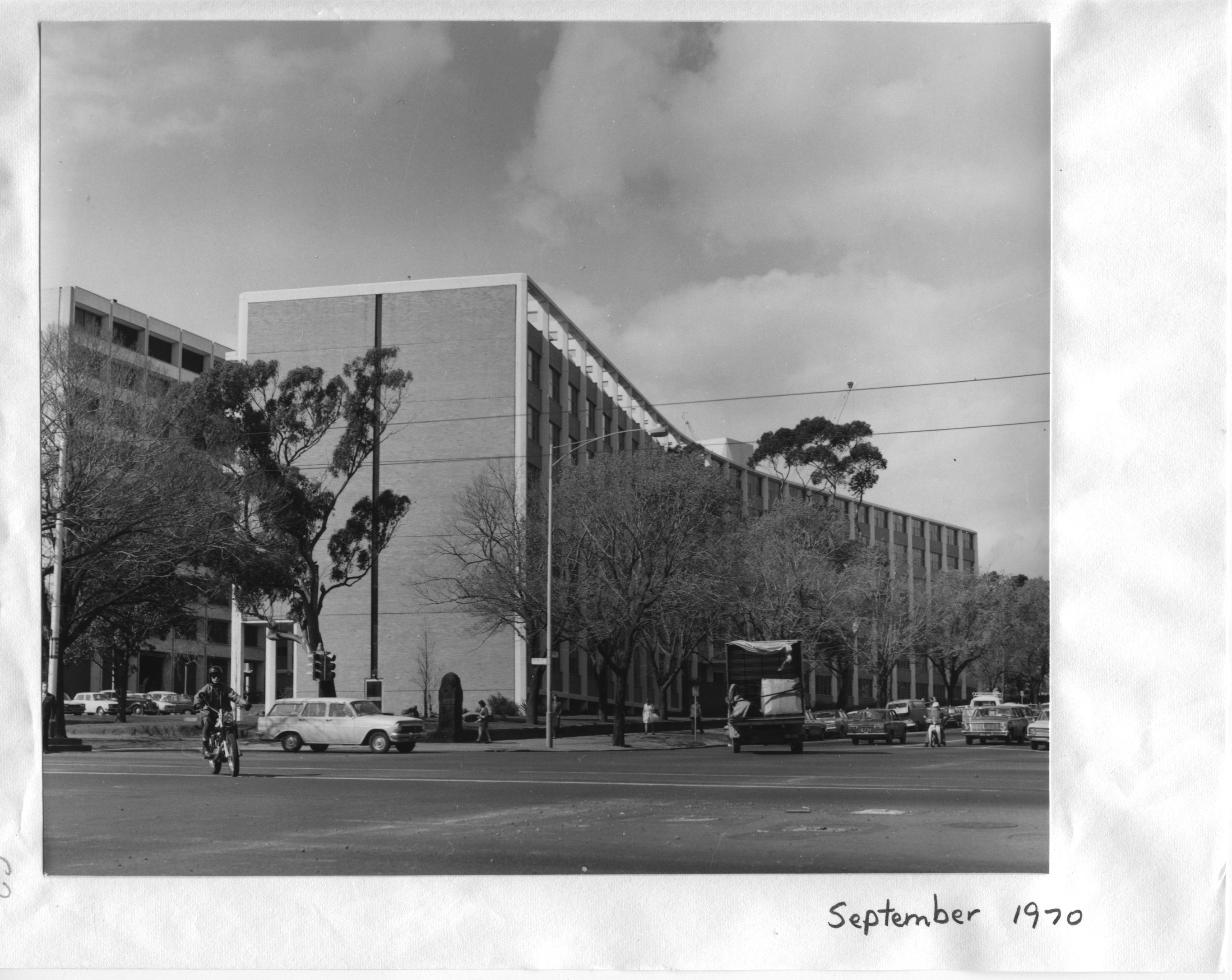 The main Medical building from the Royal Parade and Grattan Street intersection, 1970