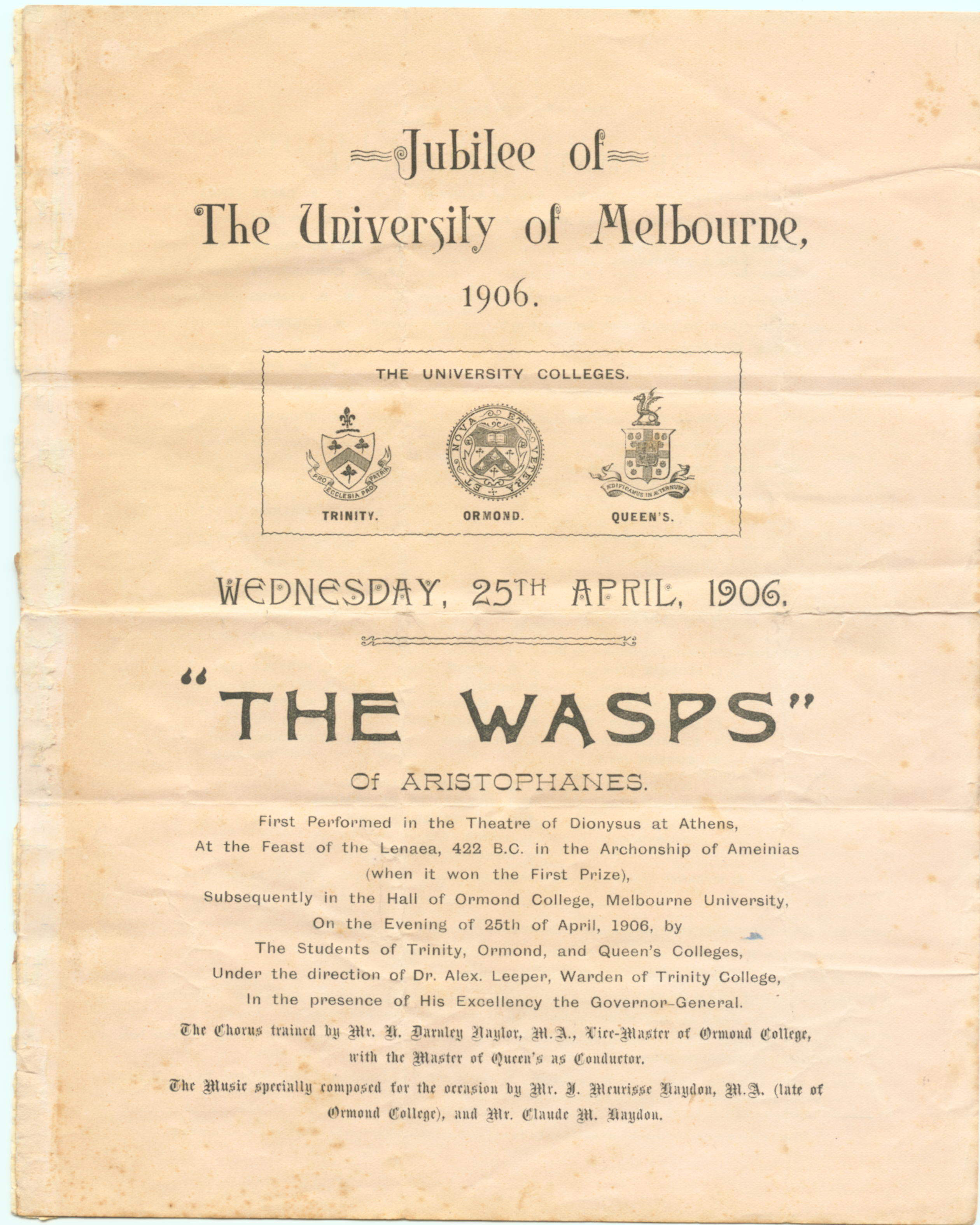 Program for Jubilee performance of 'The Wasps'