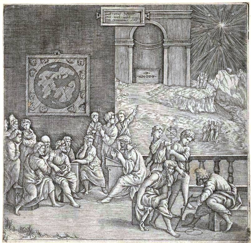 Jacopo Caraglio (Italian, c. 1505-1570)  School of an ancient philosopher (1520 50) engraving image (sheet trimmed to image) 15.1 x 15.6cm Gift of Dr J. Orde Poynton 1959. 1959.2956 Baillieu Library Print Collection