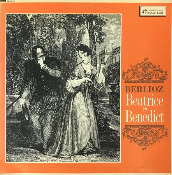 LP cover of l'Oiseau-Lyre's Beatrice et Benedict. Orange background with black and white Shakespearian image