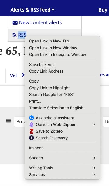 Screenshot of the menu that appears when the RSS feed link is right clicked. Select Copy Link Address