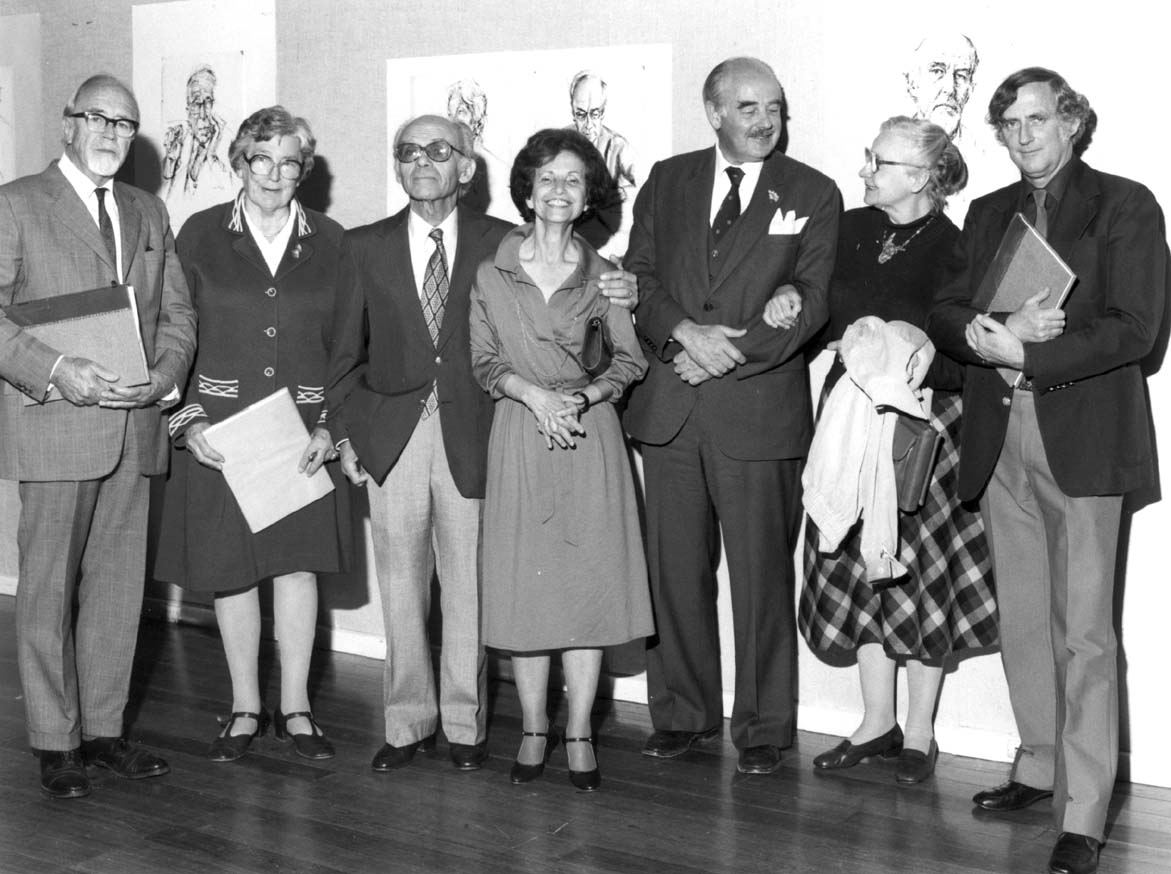 Clem Christensen (left); group includes historian Geoff Blainey (far right)