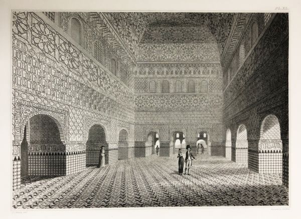 Two figures in a large tiled Spanish hall, black and white print.