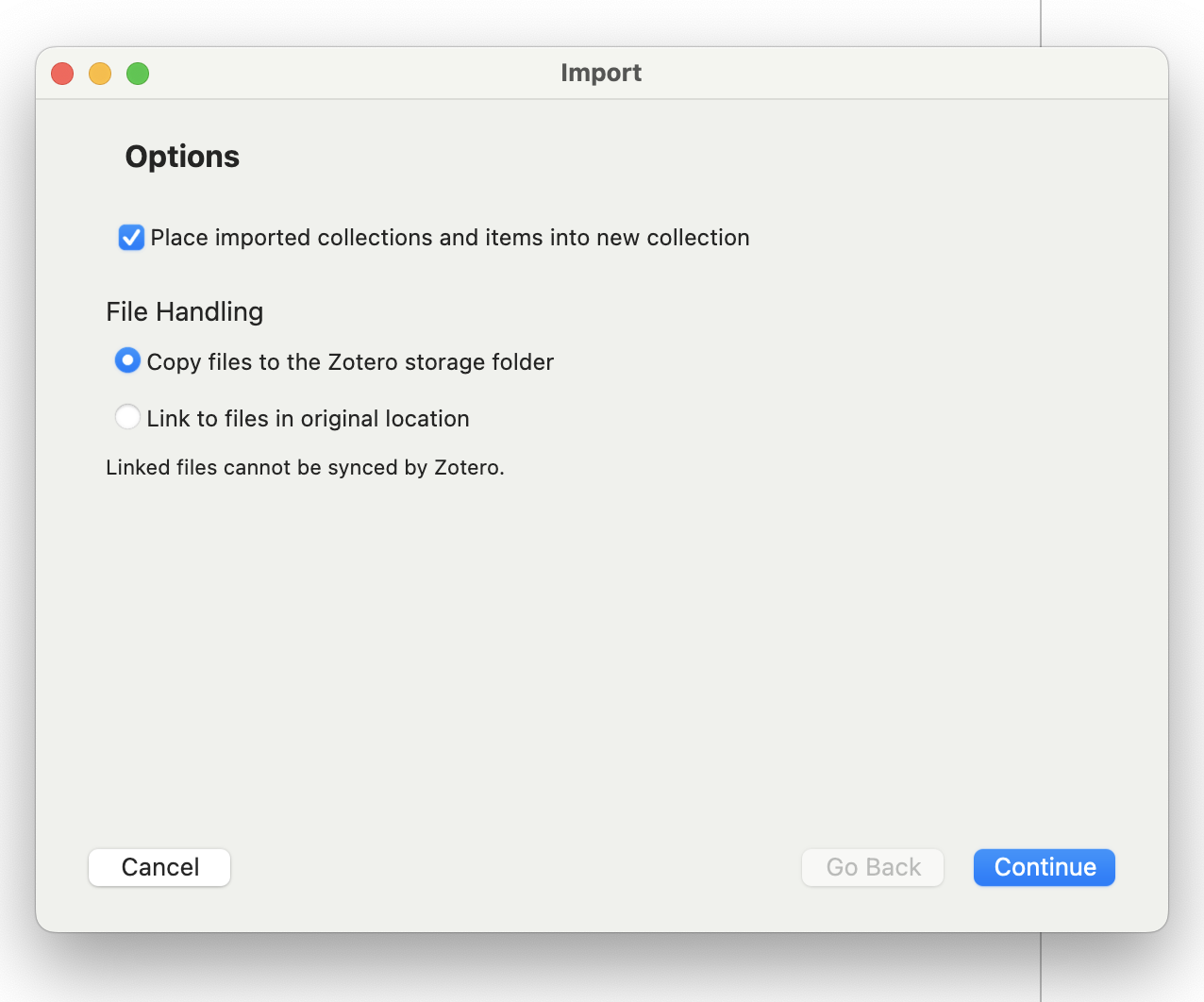 screenshot of Zotero import options