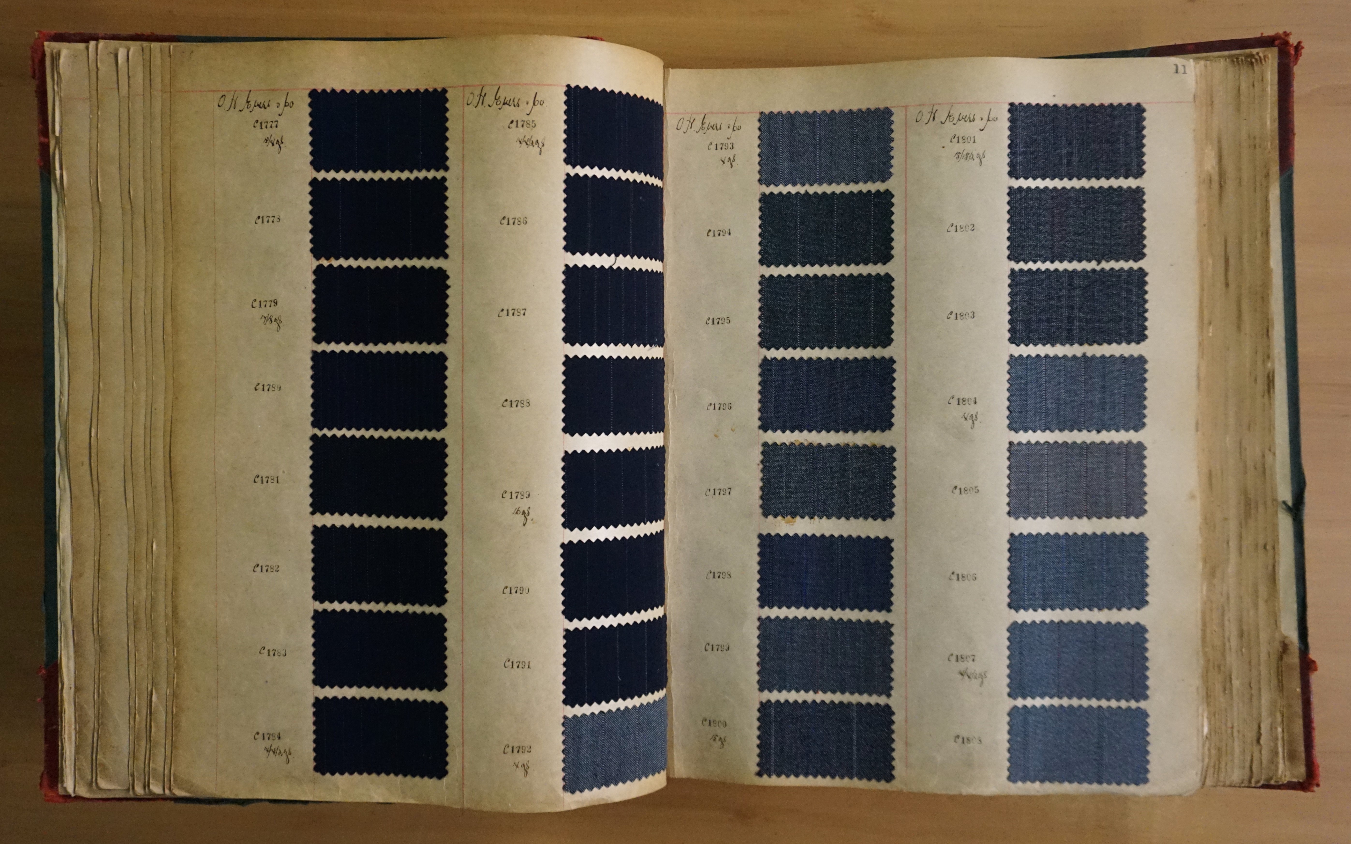 Aged, leather bound fabric swatch book ful of samples in shades of blue