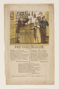 Aged page of book featuring coloured engraving of man and woman at shop counter