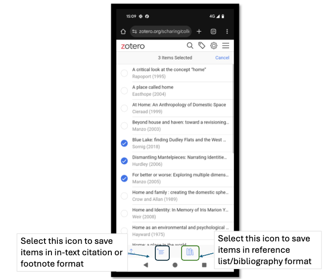 image of zotero web library on a phone