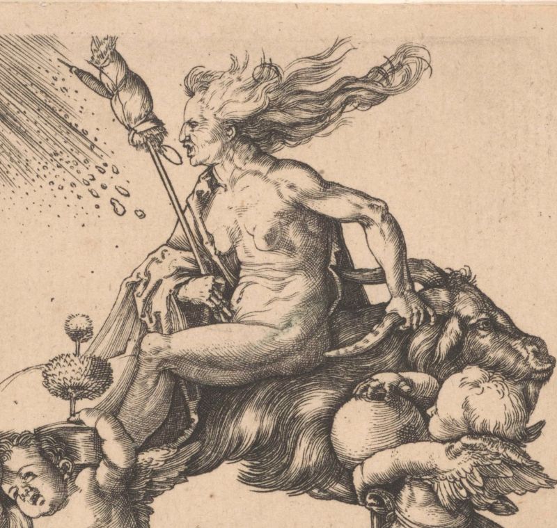 Engraving of elderly woman riding naked on a goat backwards and surrounded by other figures.