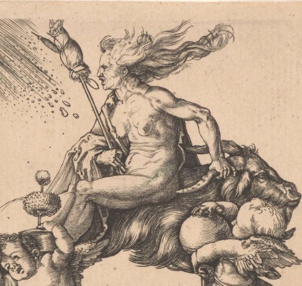 Witch riding backwards on back of a goat, after Albrecht Durer Engraving of elderly woman riding naked on a goat backwards and surrounded by other figures.