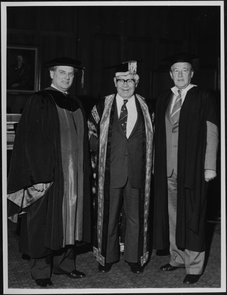Photograph of Roy Douglas Wright (centre) and Rupert Hamer (right), undated, University of Melbourne. Office of Media and Publication Services, 2003.0003.06489.