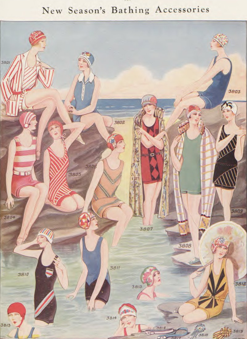 Illustration of women in beach wear, 1929, fashion catalogue illustration