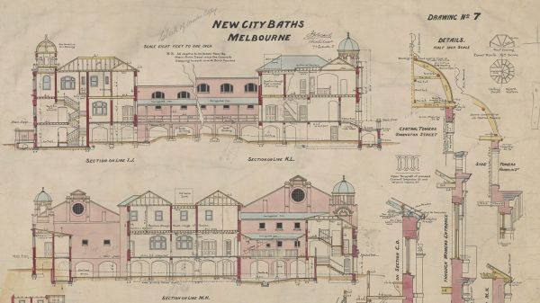 Colour Architectural drawings, Melbourne, Section details and four cross sections, including Central Towers 