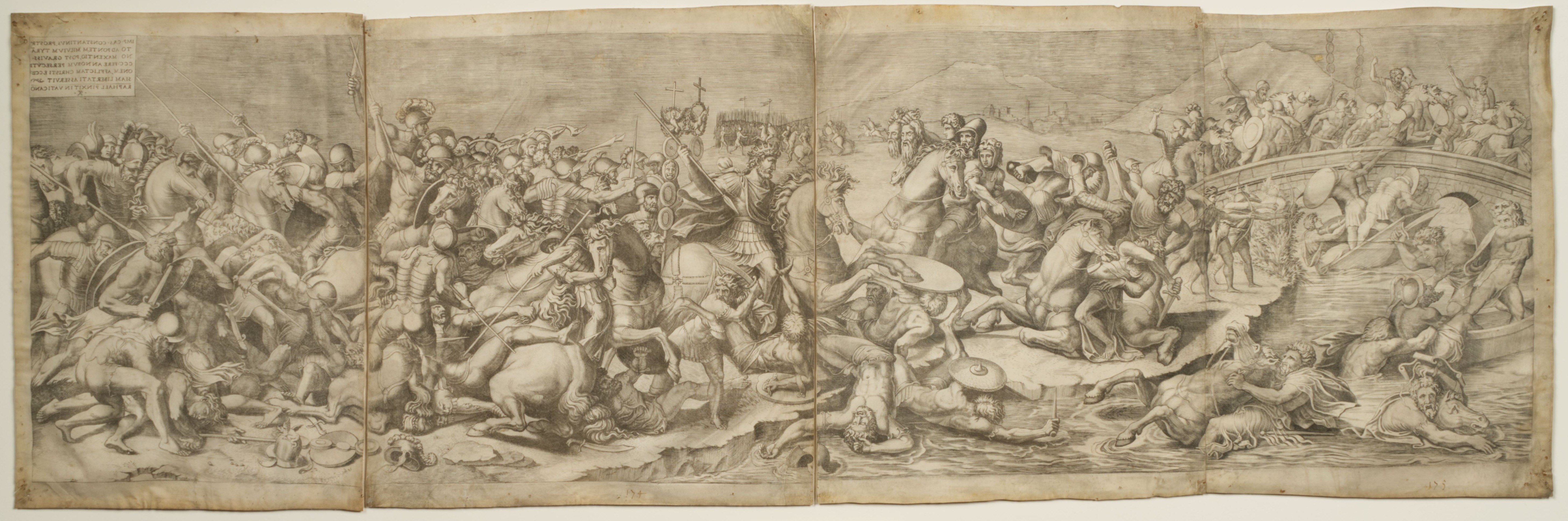 Large print engraving comprised of four plates depicting battle scene with men adn horses.