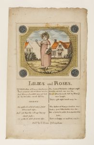 Hand coloured etching of young woman standing in front of a cottage, in pink dress and bonnet,