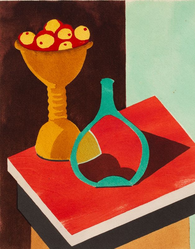 Abstracted Modernist image depicting glass jug and large goblet of fruit