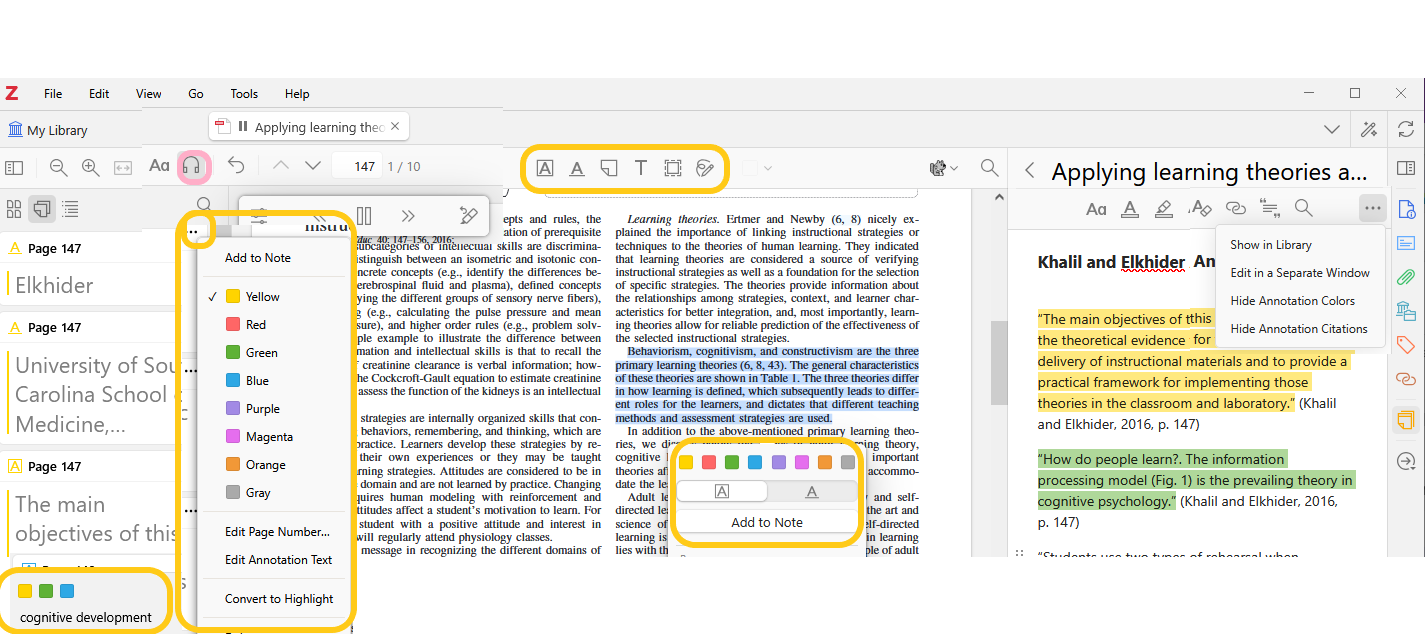 Annotations_Zotero PDF Reader Annotations options in PDF Reader