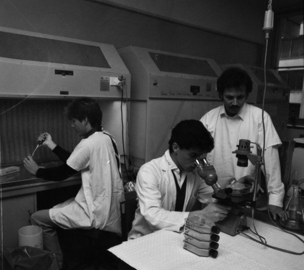 Dr Geoffrey Pietersz, Research Centre for Cancer and Transplantation, with research students Mark Smith and Jerry Kanellos, University of Melbourne. Office of Media and Publication Services Collection, 2003.0003.01620