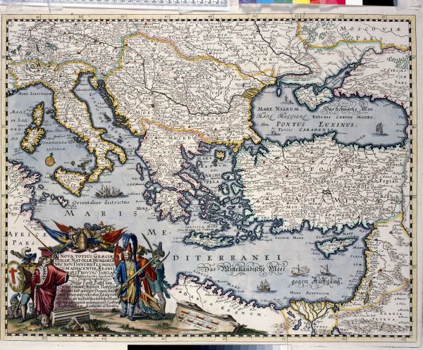 Early map of the Mediterranean, with figures at the bottom surrounding text