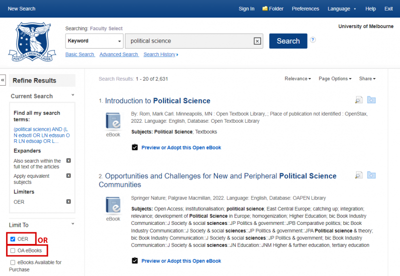 A screenshot of the Faculty Select interface, highlighting the “OER” and “OA eBooks” tick boxes on the search results page.