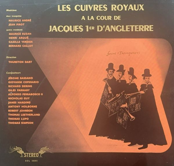 LP cover of l'Oiseau-Lyre's Les cuivres royaux a la cour de Jacques 1er d'Angleterre. Silhouettes of trumpeters against a red background