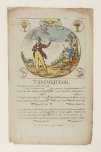 Hand coloured etching of man standing in landscape with seated figure under tree