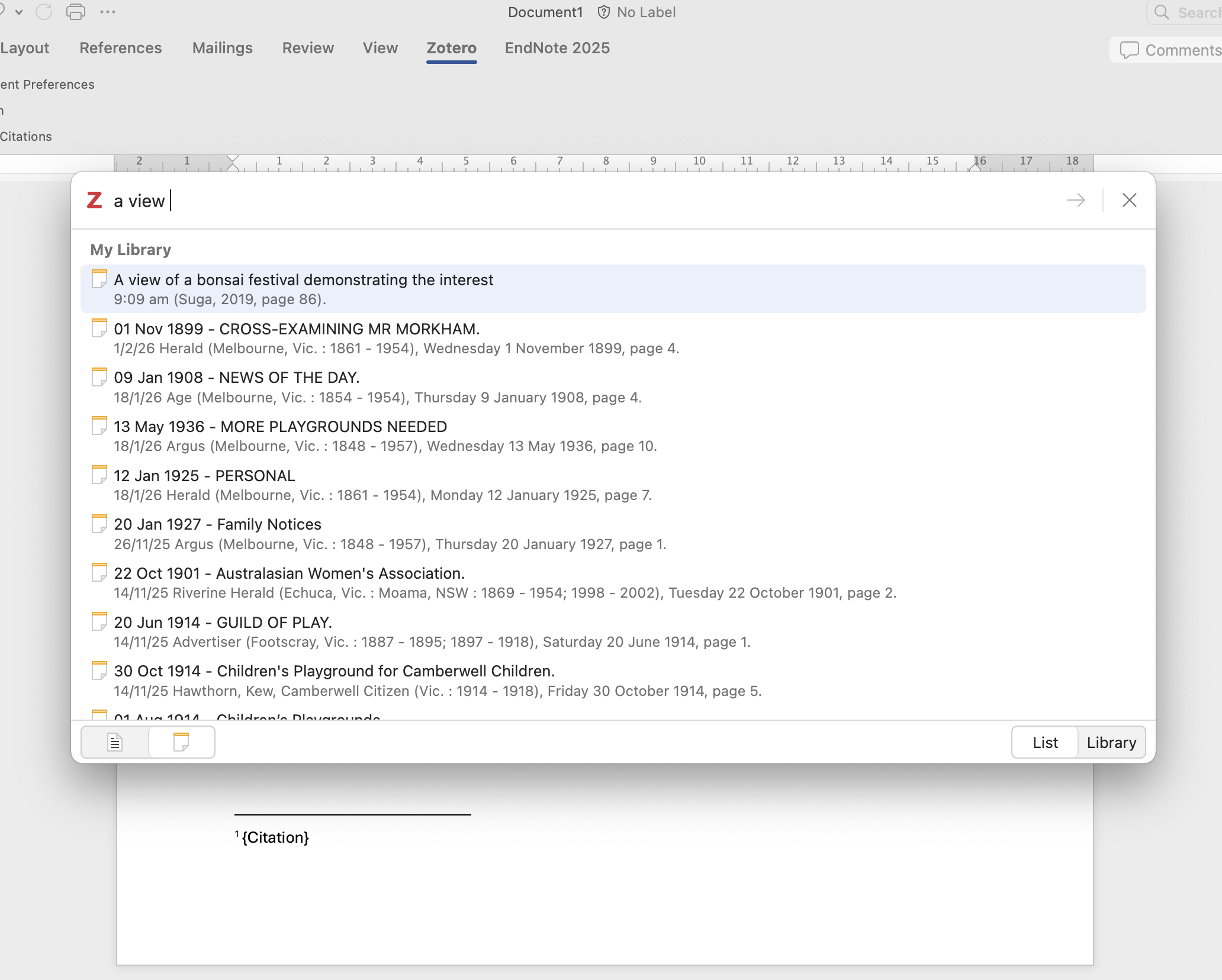 screenshot of the add note box with the bonsai article note selected