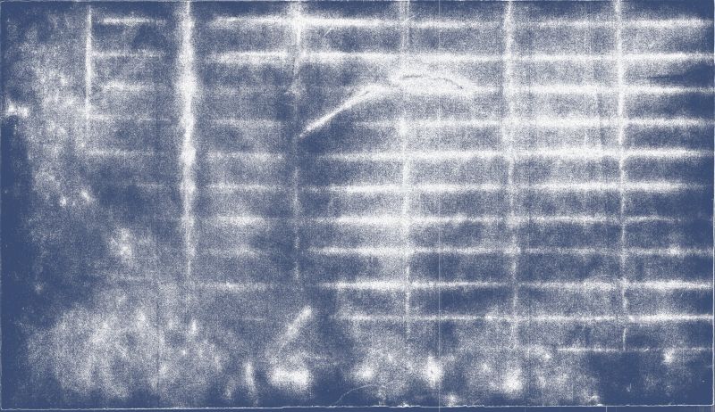 Rubbing of a stormwater grill, in dark blue print.