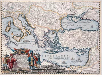 Map of Greece, Italy, and Hungary, including the Danube River, 1660