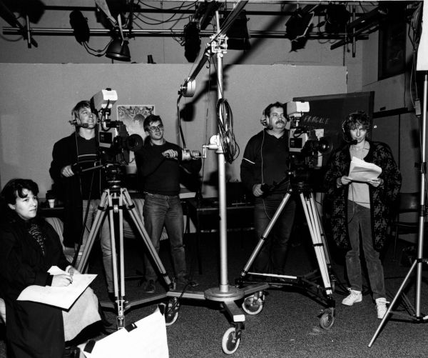 Equal Opportunity. Filming ‘The Silk Hat Trick’ video. 1986, University of Melbourne Media and Publications Services Office Collection, University of Melbourne Archives, 2003.0003.03608