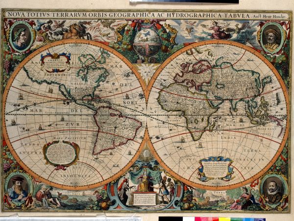 World map showing two spheres surrounded by illustration