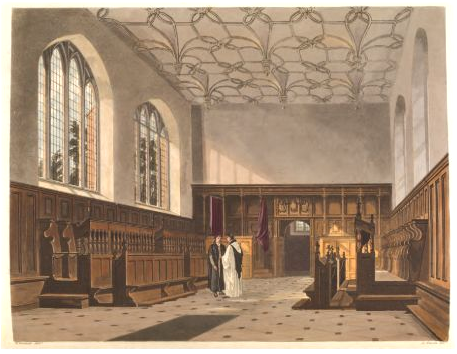Two figures in a large hall at the University of Cambridge