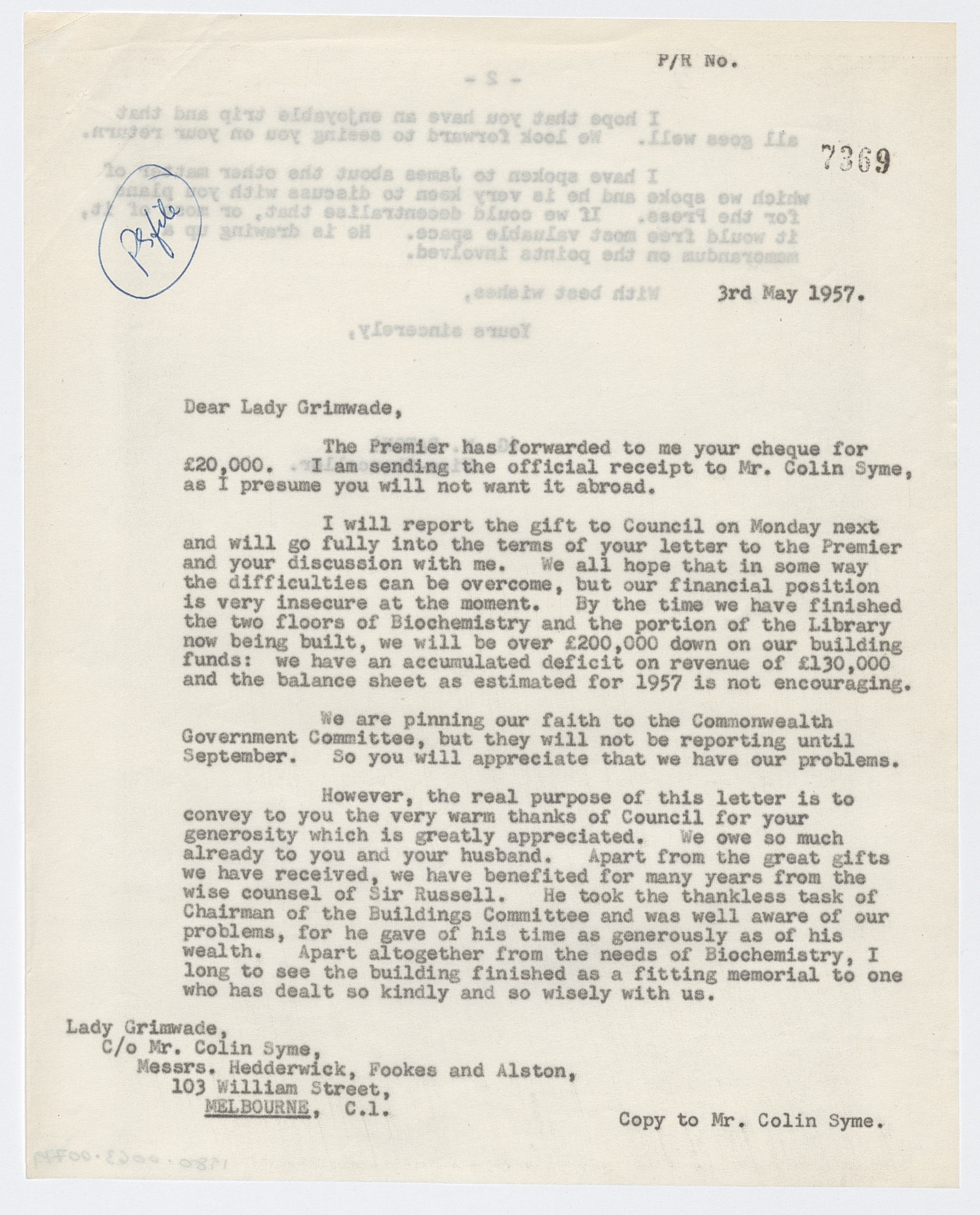 Correspondence from Vice-Chancellor G.W. Paton to Lady Grimwade, 3 May 1957, University Of Melbourne. Office Of The Vice-chancellor collection, 1980.0063.00779