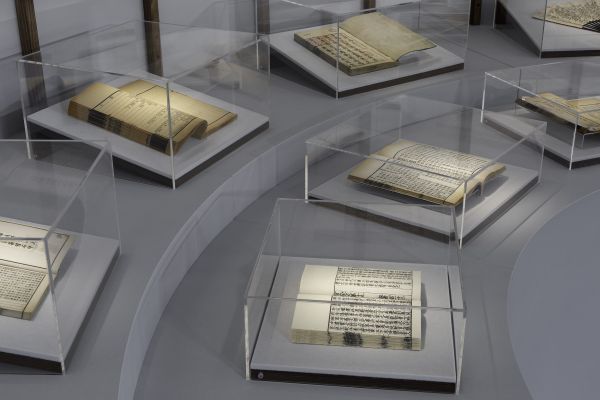 Photograph of aged books in glass cases on pale grey plinth