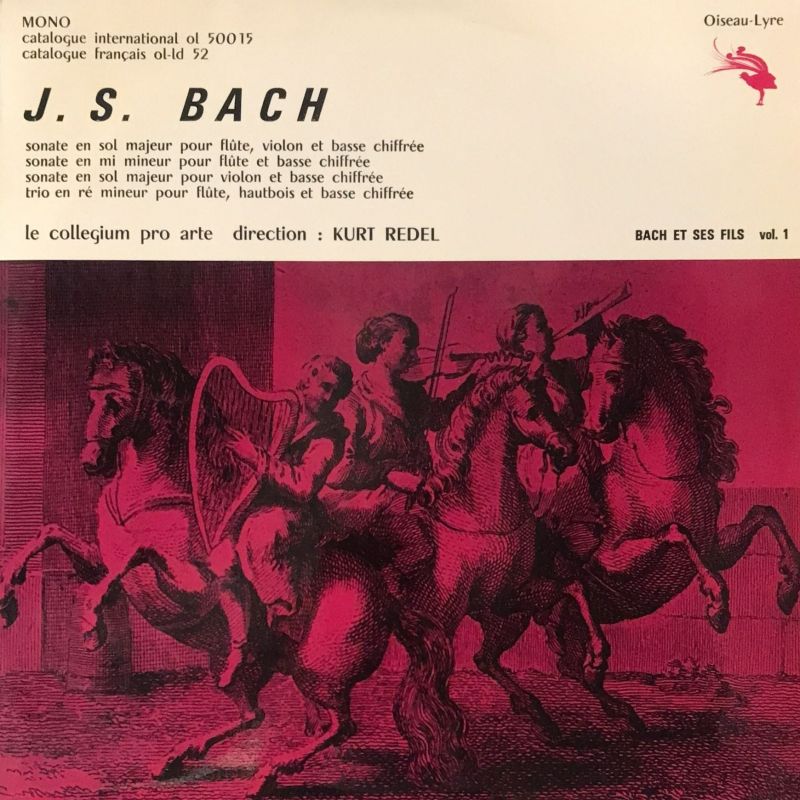 Cover of the l'Oiseau-Lyre LP Bach et ses fils, featuring an ornate image of musicians and horses