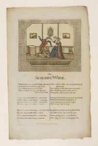 Hand coloured etching of man and woman fighting in domestic scene.
