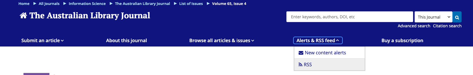 Screenshot of the Australian Library Journal webpge