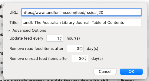 screenshot showing a pasted URL and the RSS frequency settings
