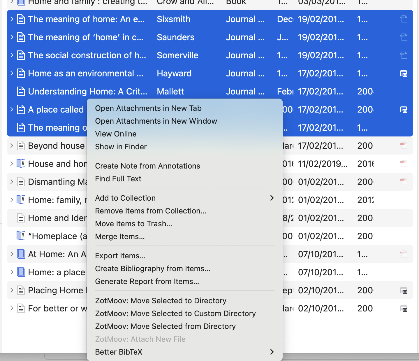 screenshot of a selection of references having been right clicked and the zotmoov options to select a directory are visible.are visible